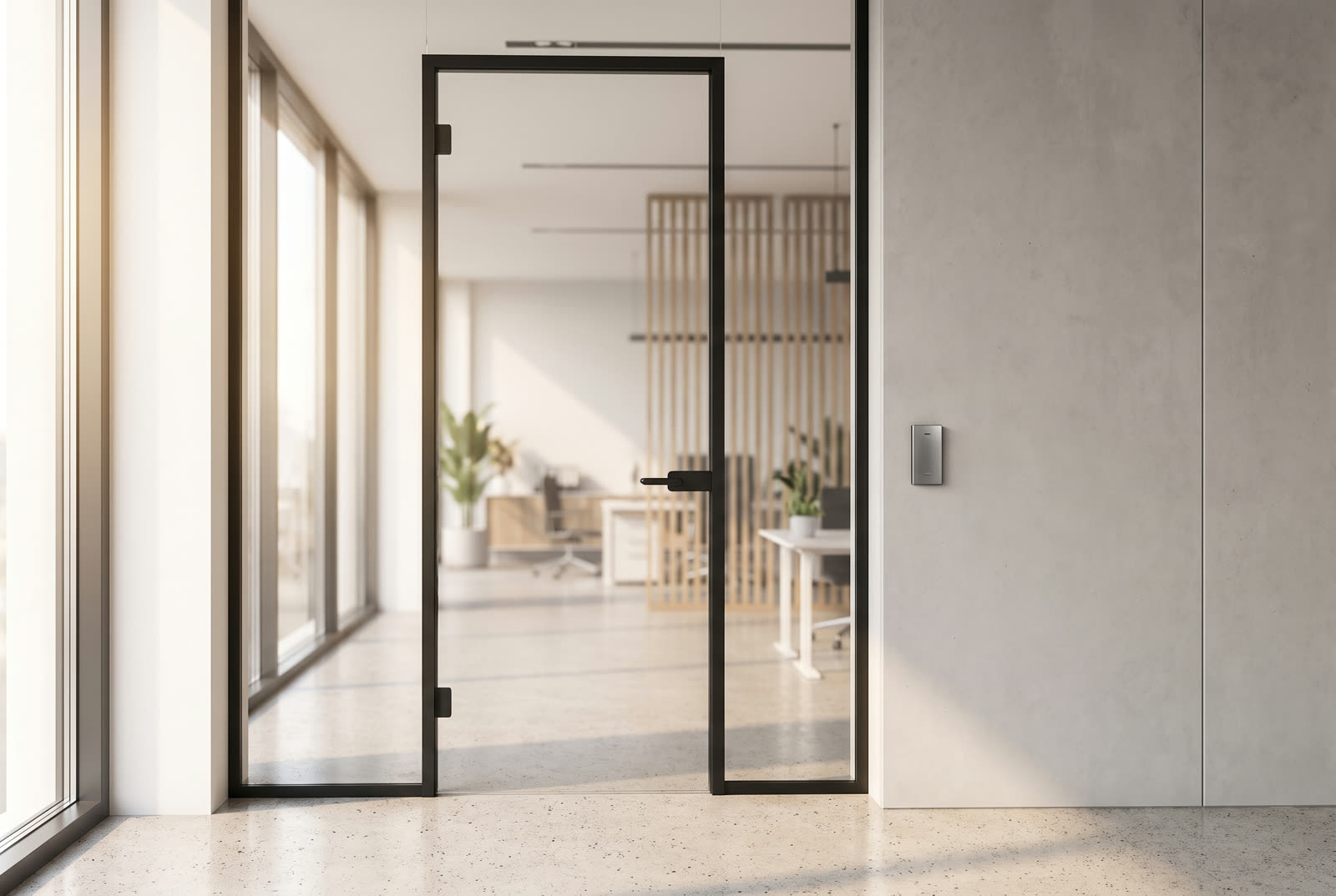 A commercial building entrance with panic hardware fitted