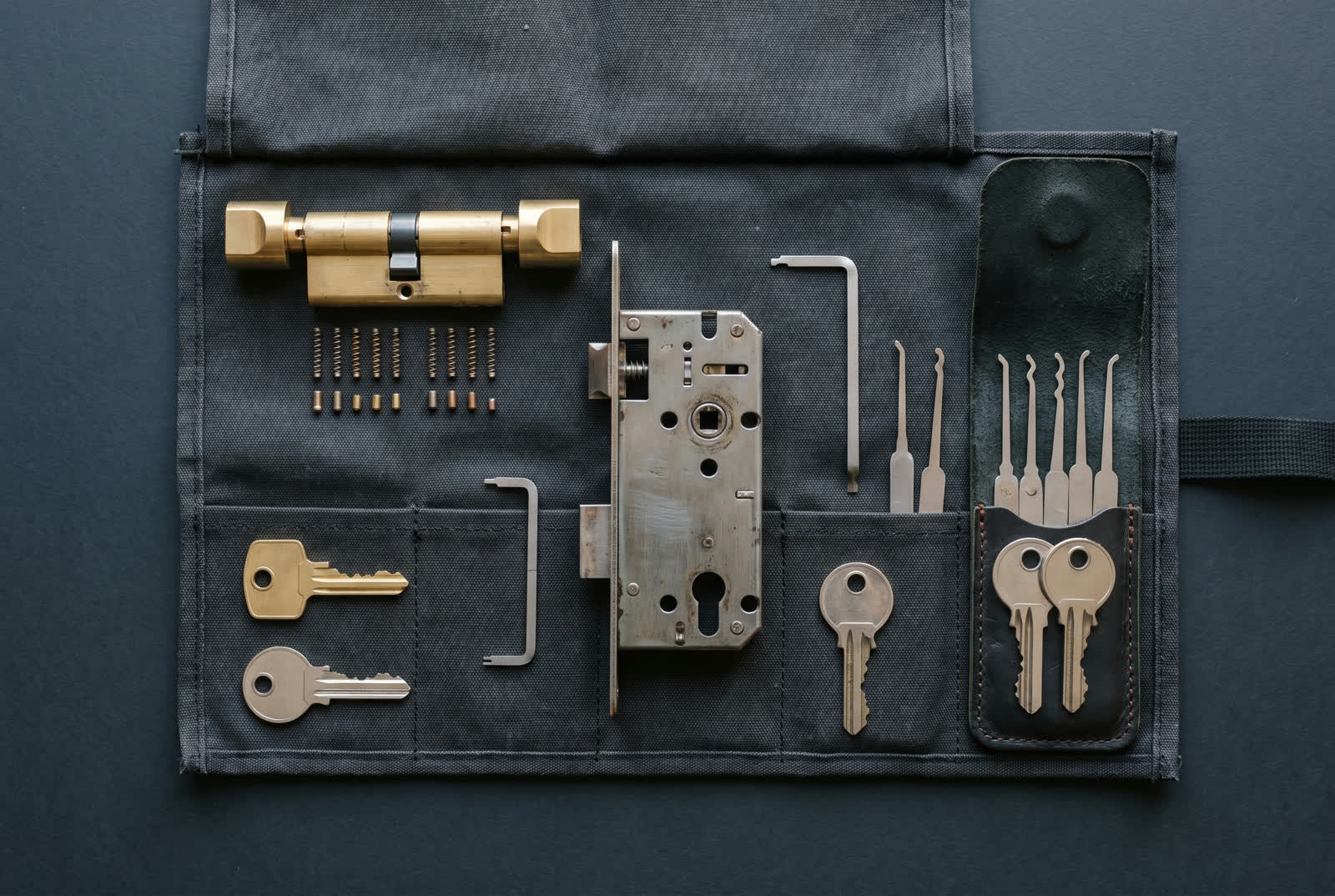 A lock mechanism stripped down for repair on a workbench